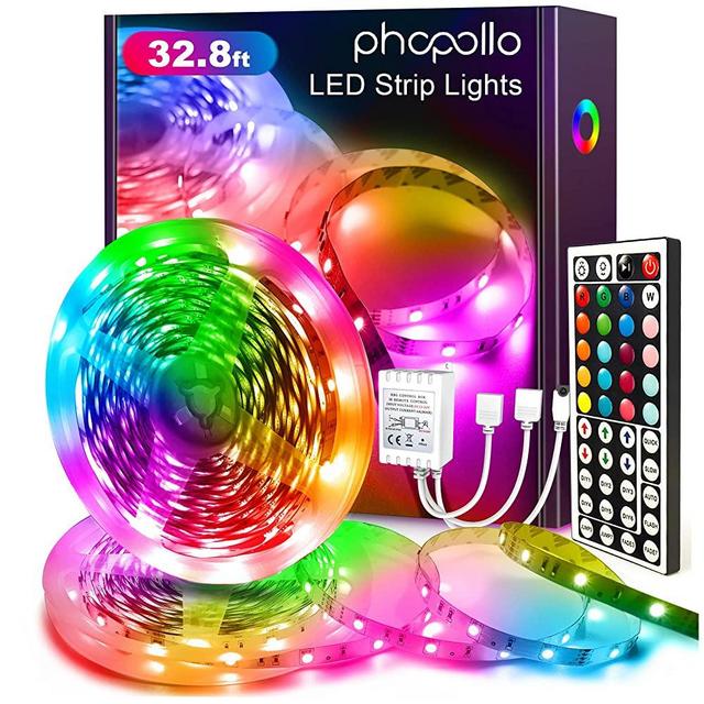 PHOPOLLO Led Strip Lights Color Changing 32.8ft Flexible 5050 RGB Led Lights Kit with 12v Power Supply and 44 Key Ir Remote Controller