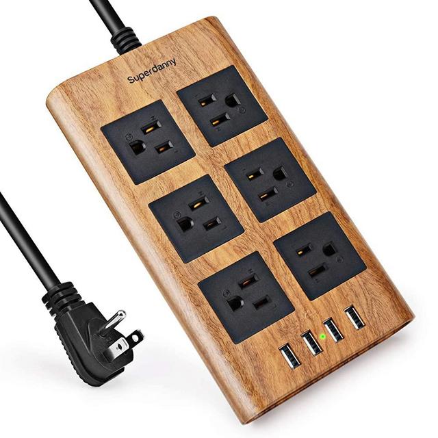 15A Surge Protector Power Strip, SUPERDANNY 9.8ft Extension Cord 6 Outlet 4 USB Fast Charging Adjustable Voltage Flat Plug with Fastening Cable Tie for iPhone iPad Home Office Dark Wood Grain
