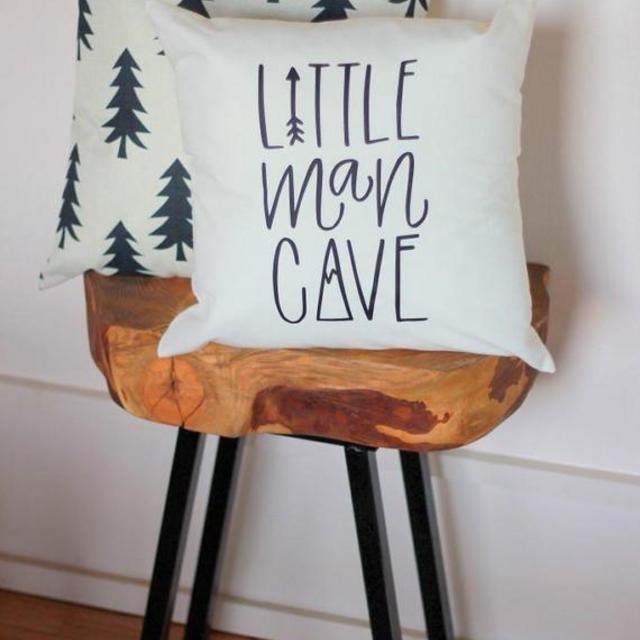 Little Man Cave Nursery Pillow Mountain Arrow Adventure Explore Forest Theme Hand drawn 16 x16 Trees Handwritten