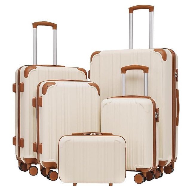 Coolife Luggage Expandable(only 28") Suitcase ABS Spinner 20in 24in 28in Carry on (apricot white, 5 piece set)