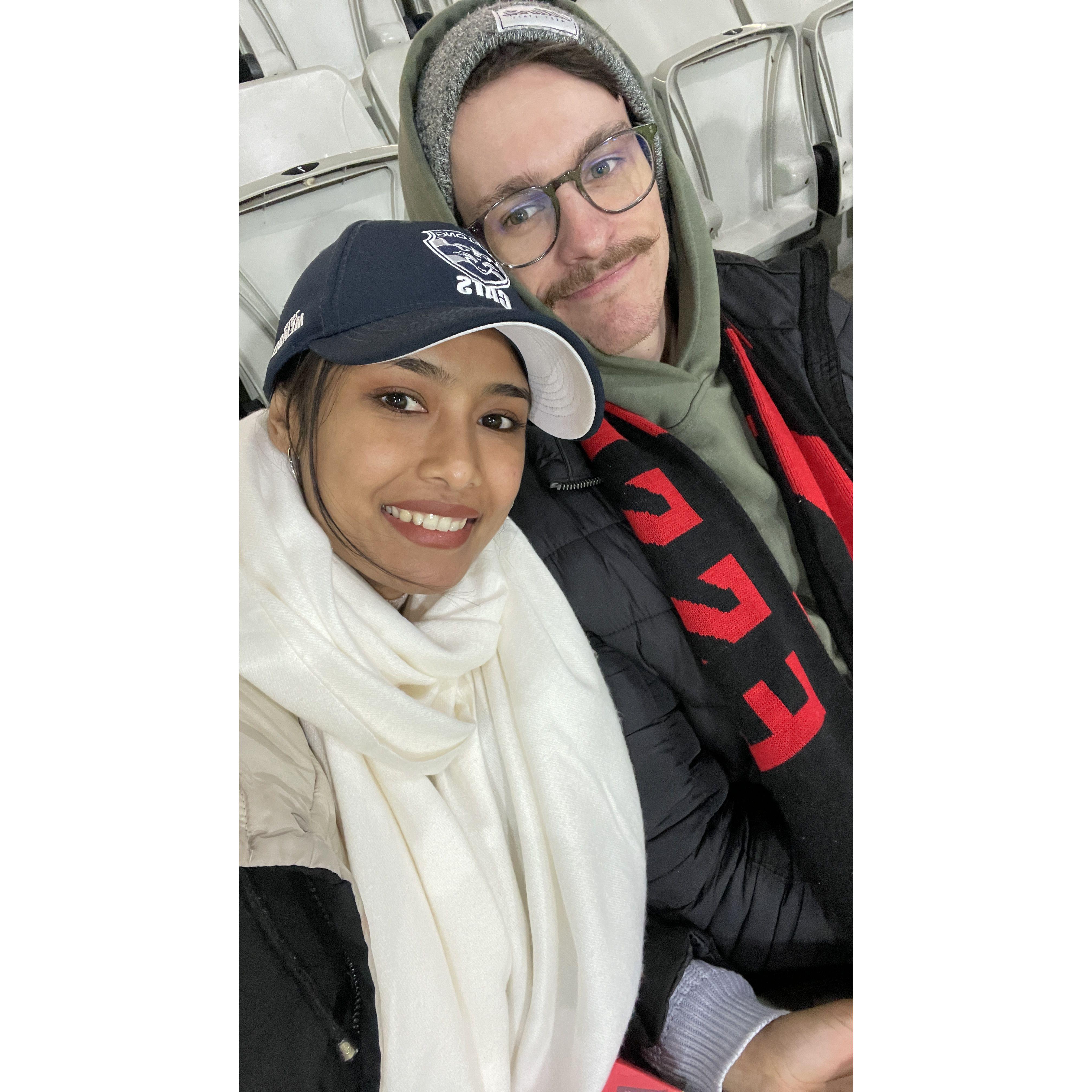 Tyler impressed Soni enough to get a ‘yes’ for marriage, but not enough to turn her into an Essendon supporter!