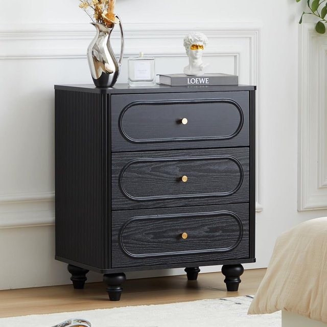 ORRD Fluted 3 Drawer Dresser for Bedroom, Modern Mid Century Chest of Drawers, Wood Storage Small Dresser Organizer for Bedroom Living Room Hallway Closet, Black