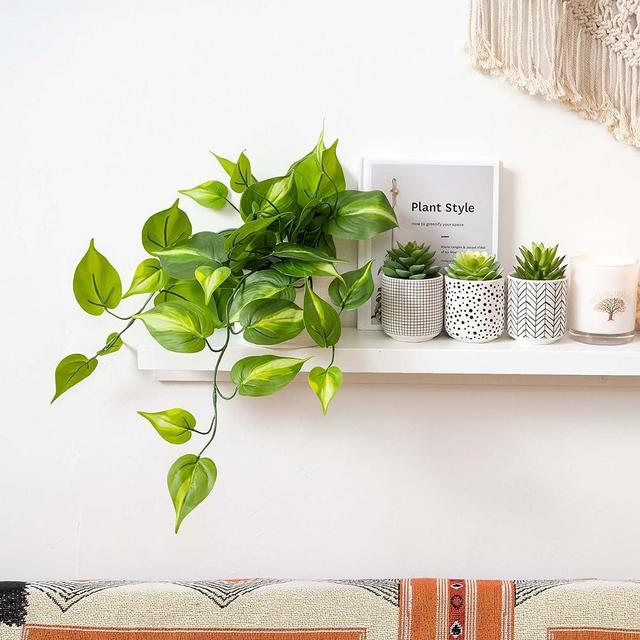 Kurrajong Farmhouse Fake pothos Plant | Fake Plant for Shelf Decor |18" Artificial Trailing Ivy Plant with 5" Wide Ceramic Pot | Dark Green Faux Ivy Plant | Feaux Ivy Pothos Plant