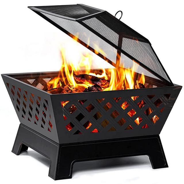 26 Inch Fire Pits for Outside Square Firepit Outdoor Wood Burning Large Steel Extra Deep Bonfire Pit for Patio Backyard Garden with Ash Plate,Spark Screen,Log Grate,Poker