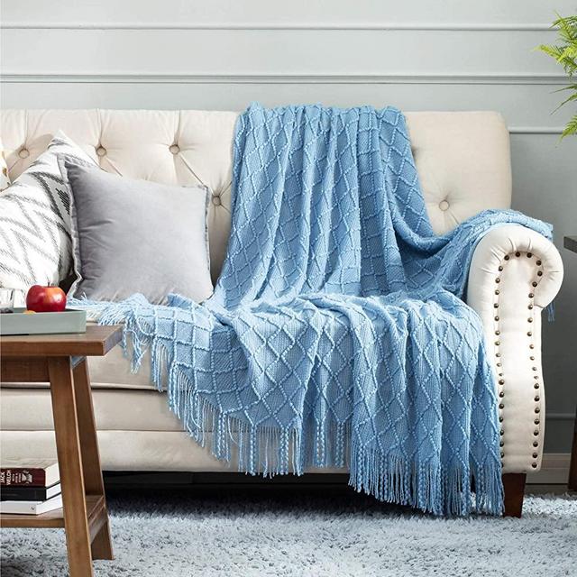 Bedsure 100% Acrylic Knit Throw Blanket, 50×60 Inch - Soft Warm Cozy Lightweight Decorative Blanket with Tassels for Couch, Bed, Sofa, Travel (Light Blue)
