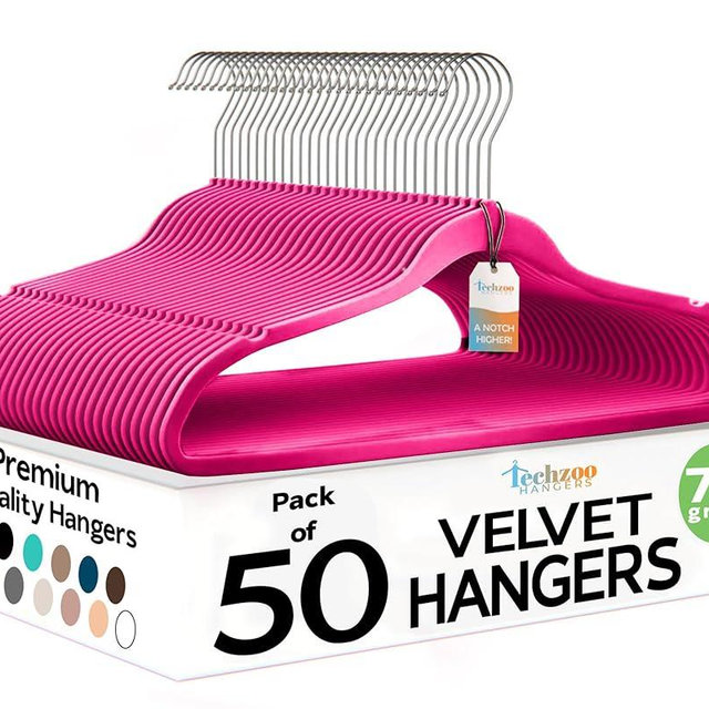 Techzoo Premium Velvet Hangers 50 Pack Ultra Thin Non Slip Adult Felt Space Saving Suit Hanger for Closet Heavy Duty Coat Pants Jackets Dress Hangers 360° Swivel Hook Hold Upto 10 lbs Dark Pink