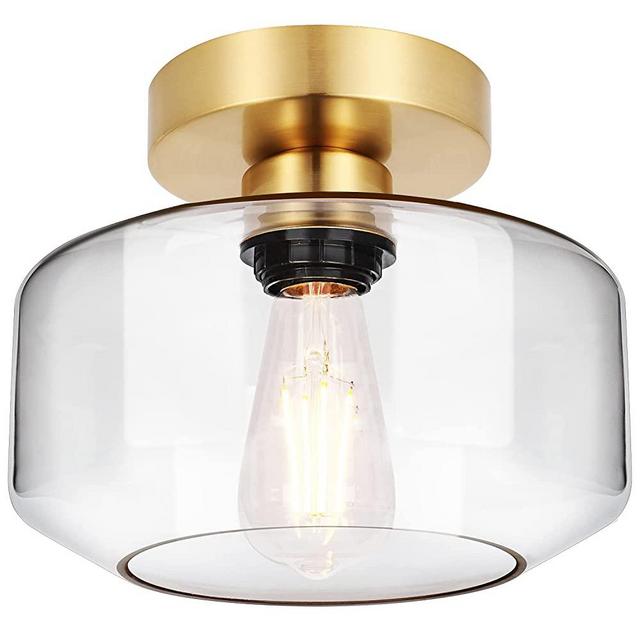 Industrial Semi Flush Mount Ceiling Light Gold, 800 Lumen LED Bulb Included, Clear Glass Shade Ceiling Light Fixture, Light Fixture for Hallway Bathroom Bedroom, Vintage Hanging Light Fixtures
