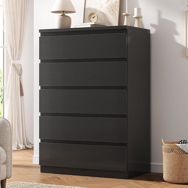 Orgobysol Black 5 Drawer Dresser for Bedroom, 15" D x 23.7" W x 40.4" H in Modern Chest of Drawers, Wood Storage Dresser with Handleless Drawers for Kids Bedroom, Living Room, Hallway, Entryway
