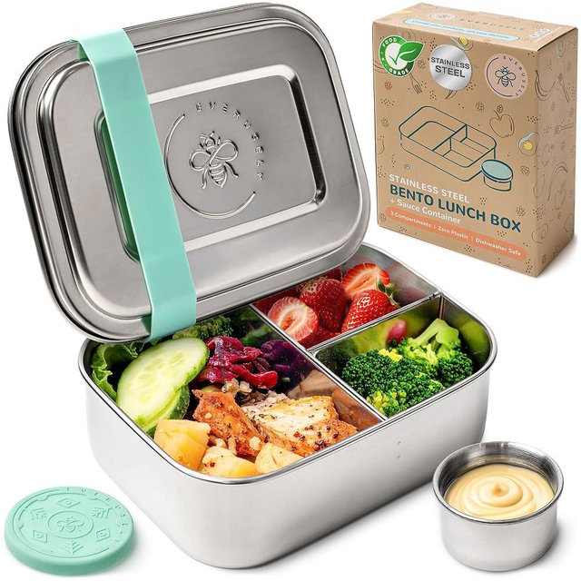 Everusely - Bento Box - Green, 27oz / 0.8 L - Stainless Steel Lunch Box with Leakproof Condiment Container - 3 Compartment Snack Organizer for On the Go Meals - Freezer & Dishwasher Safe