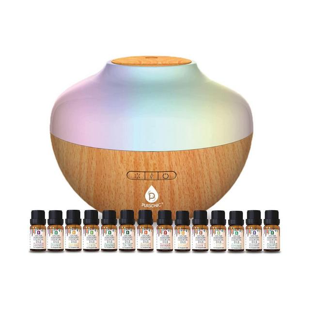 Pursonic Aromatherapy Diffuser & Essential Oil Set-Ultrasonic Top 14 Oils-300ml with 2 Mist Settings 7 Ambient Light Settings--Therapeutic Grade Oils