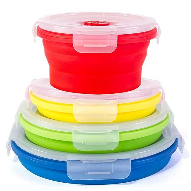 Thin Bins Collapsible Containers – Set of 4 Round Silicone Food Storage Containers – BPA Free, Microwave, Dishwasher and Freezer Safe - No more cluttered container cabinet!