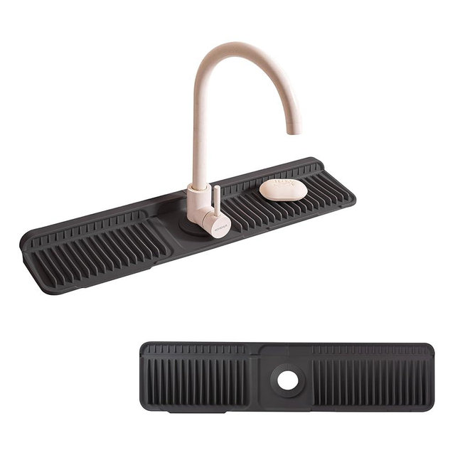 ZJWZLG 24" Silicone Sink Splash Guard - Kitchen Sink Accessories with Drip Tray, Sponge Holder & Soap Dish, 6° Slope Design for Easy Drainage, Foldable & Fasten Button for Secure Fit, （Black）