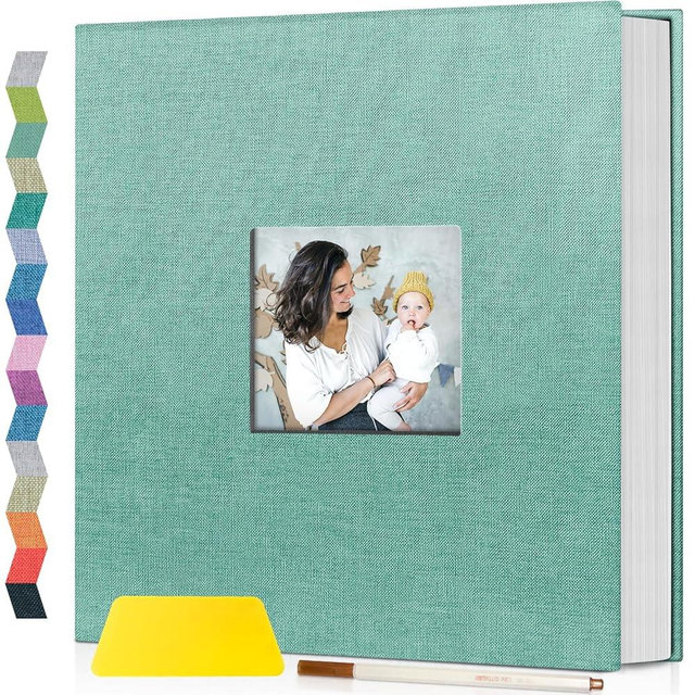 Popotop Photo Album Self Adhesive with Picture Display Window,40 Pages DIY Scrapbooking Supplies Kit for 4x6 8x10 Picture,Linen Cover Memory Book for Baby Wedding, with Scraper and Metallic Pen