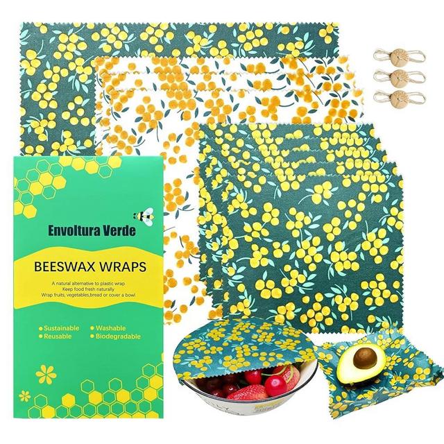 9pcs Eco Friendly Reusable Sustainable Food Storage Beeswax Wraps, Bread Fruit Cheese Pack Lunch Storage Containers, Kitchen Organizer for Food Storage, Food Safe, with Sealing String
