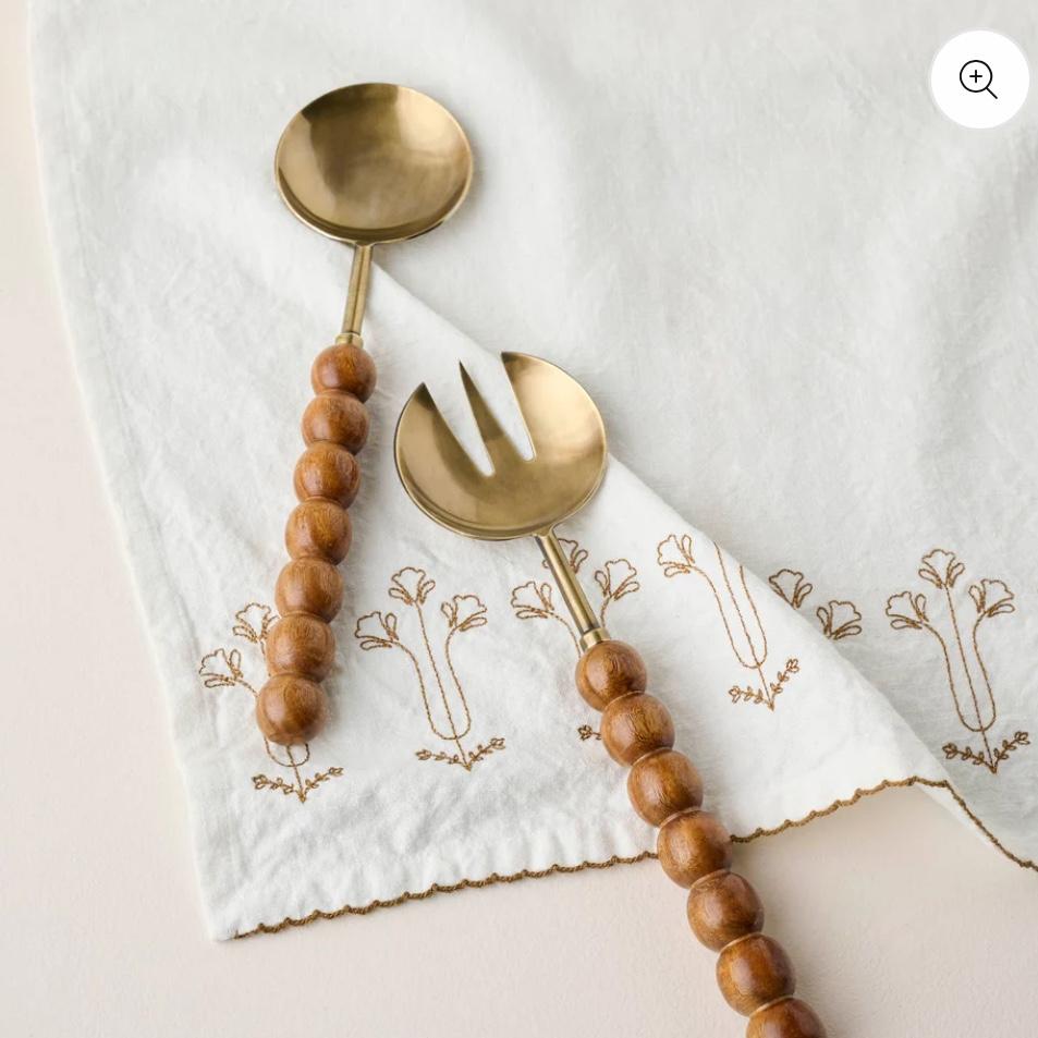 Antique Brass and Beaded Wood Serving Set