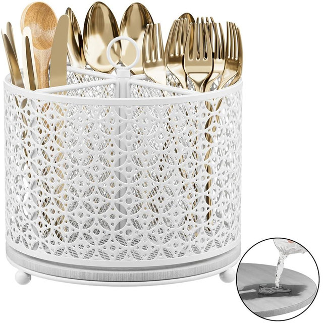 360° Rotating Kitchen Utensil Holder - Fast-Drying Utensils Caddy - 4 Compartment Flatware Silverware Organizer High Raised Cutlery Holder with Handle for Kitchen Countertop Party Picnic Table White