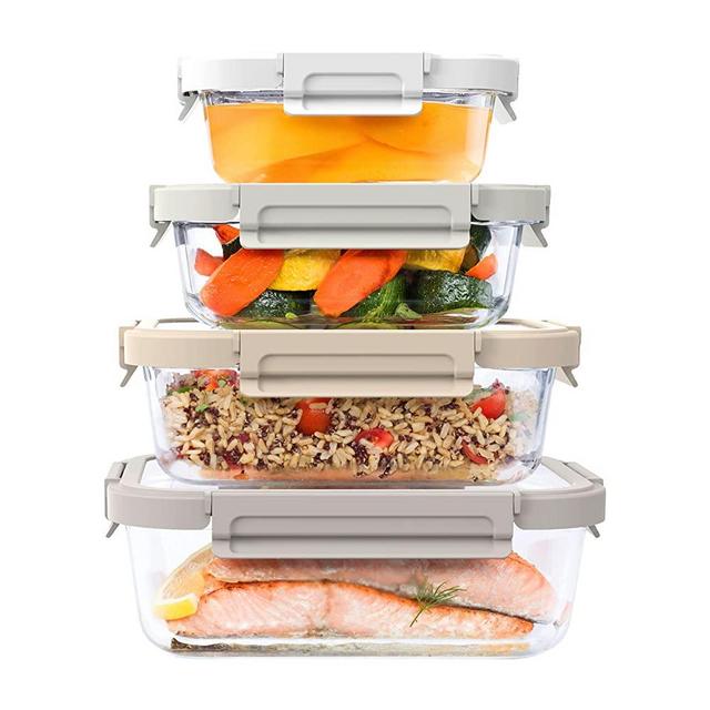 Bentgo® Glass Leak-Proof Food Storage Set - 4 Nesting Meal Prep Containers & Transparent Glass Lids - Reusable, Eco-Friendly, BPA-Free Glass - Microwave, Freezer, Oven & Dishwasher Safe (White Stone)