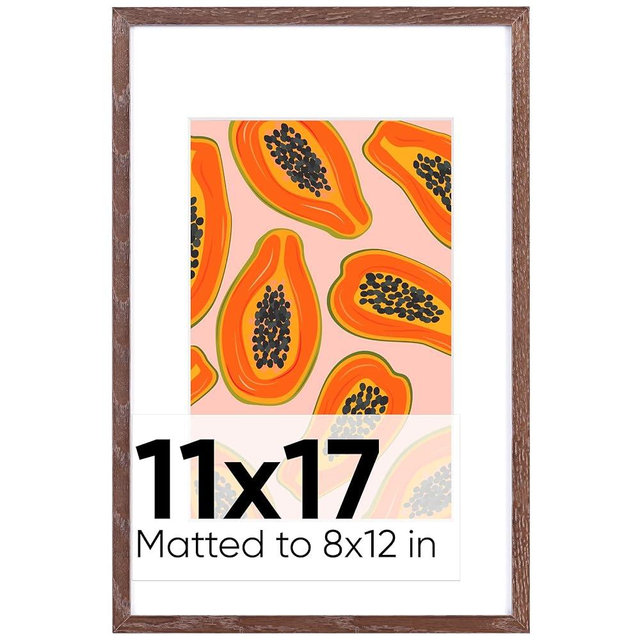 Homeforia 11x17 Frame Wood Brown, Premium Dark Oak 11x17 Wooden Picture Frame with 8x12 Mat, 11 x 17 Brown Wood Photo Frame for Wall, Tempered Glass, Wall Hook Included, Set of 1