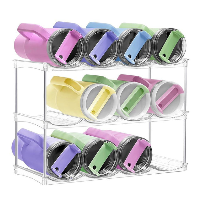 Stackable Water Bottle Organizer & Holder for Cabinet - Clear Acrylic Tumbler Storage Rack for Stanley 40oz Cups, Wine Bottles & Large Tumblers - 3-Tier Pantry and Kitchen Organizer Holds 12Bottles﻿