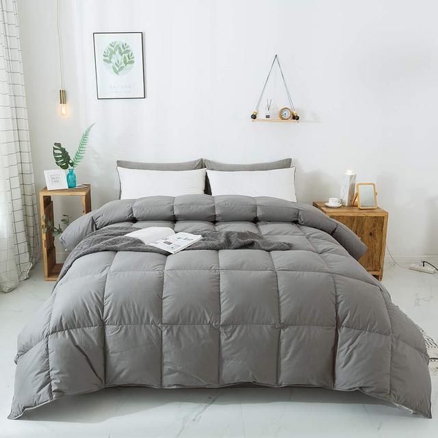 WhatsBedding 100% Cotton Down Comforter Goose Duck Down and Feather Filling,Hypoallergenic Comforter. All Season Duvet Grey Insert or Stand-Alone Down Comforter (Dark Gray Comforter King)