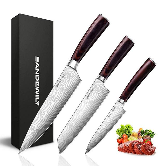 Professional Kitchen Knives High Carbon Stainless Steel Chef Knife Set,3PCS Ultra Sharp Japanese Knife with Sheath,Ergonomic Pakkawood Handle Elegant Gift Box for Home or Restaurant