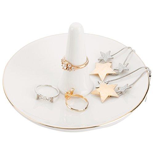 MyGift Modern White Ceramic Jewelry Dish Ring Holder with Gold Trim