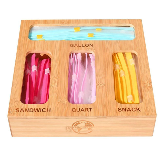 Earth's Dreams Bamboo Ziplock Bag Organizer - Kitchen Drawer Storage Solution for Gallon, Quart, Sandwich & Snack Bags - Eco-Friendly Bamboo Bag Holder - Baggie Holder