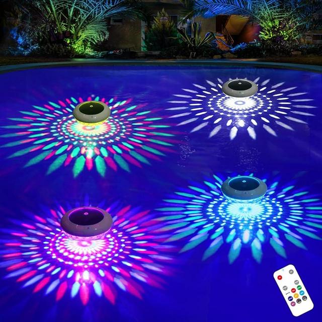 LENONE Floating Pool Lights w/Remote, 6.5 Inch RGB Color Changing Solar Pool Lights That Float with 9 Dynamic Lighting, IP68 Waterproof Hangable Solar Floating Light for Pool Garden Weeding Decor(4)