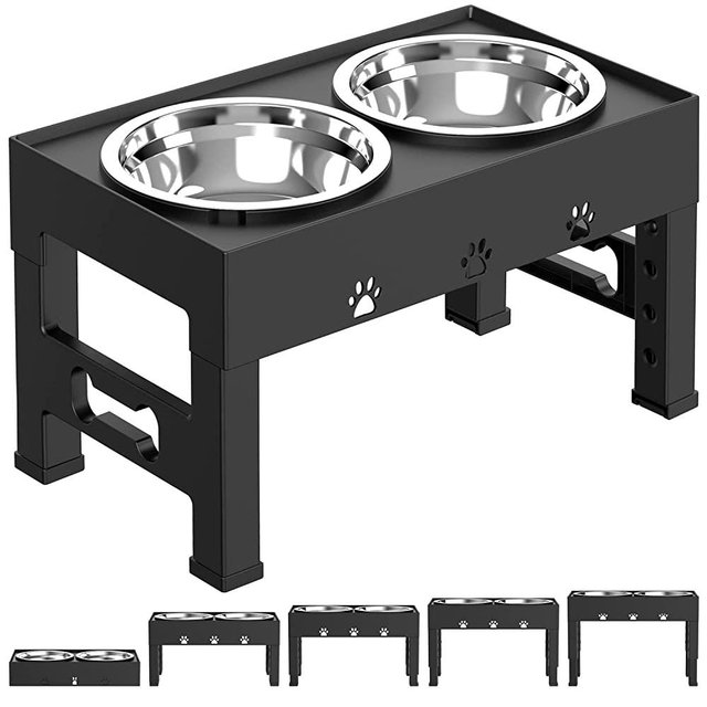 LAKIPETN Elevated Dog Bowls 5 Height Adjustable Raised Dog Bowl with 2 Stainless Steel Dog Food Bowls Stand Non-Slip No Spill Dog Dish Adjusts to 3.1”, 9”, 10”, 11”, 12” for Small Medium Large Dogs