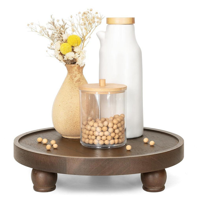 EOSAHR Farmhouse Wood Riser for Home Decor – Acacia Wood Round Pedestal Stand for Bathroom Decor & Kitchen Sink – Decorative Tray for Soap Dispenser, Candle, Plant & Cupcake (Dark Acacia)