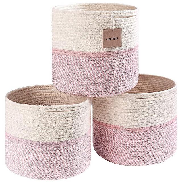 voten Cube Storage Baksets Bins 11x11’’ Fit 12x12’’ Cube Storage Organizer Bookcases Shelving,Stylish&Durable Woven Cotton Storage Basket Containers for Organizing 3-Pack Off White/Mixed Pink