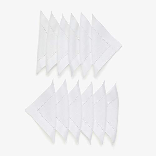 Solino Home Hemstitch Linen Cocktail Napkins - Set of 12, 6 x 6 Inch White, 100% European Flax Classic Hemstitch Napkin Coaster - Pure Natural Fabric Handcrafted with Mitered Corners