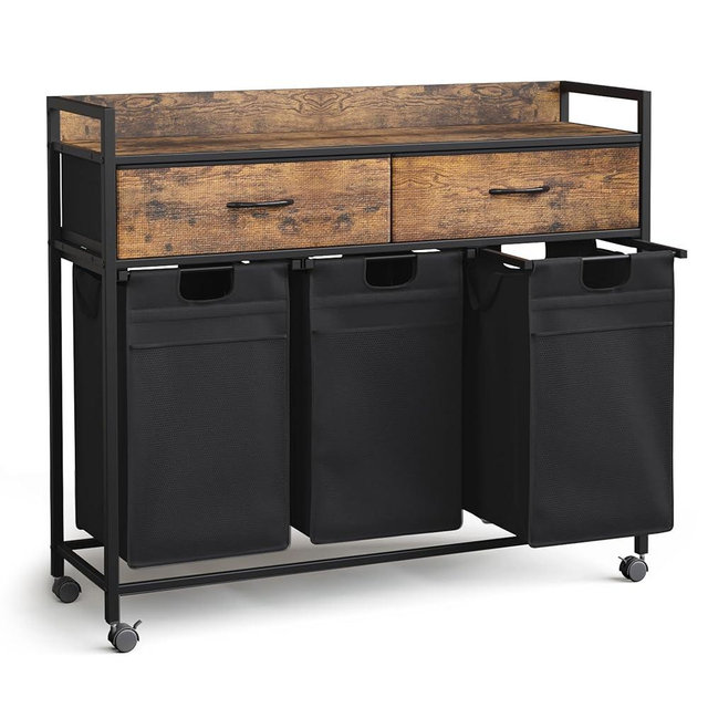 Mondeer Laundry Hamper baskets 3 Section with 2 Drawers, 150L Laundry Sorter with Wheels Pull-Out Removable Laundry Bags, Rustic Brown and Black