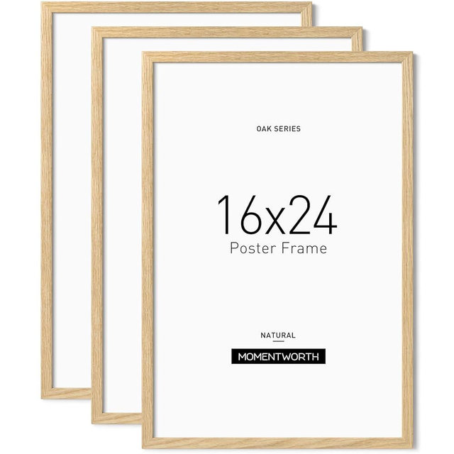 Momentworth Minimalist 16x24 Frame Set of 3, Solid Oak Wood 16x24 Picture Frame for Wall Mount - Wall Decor for Home, Office & Galley (3 Pack,Oak)