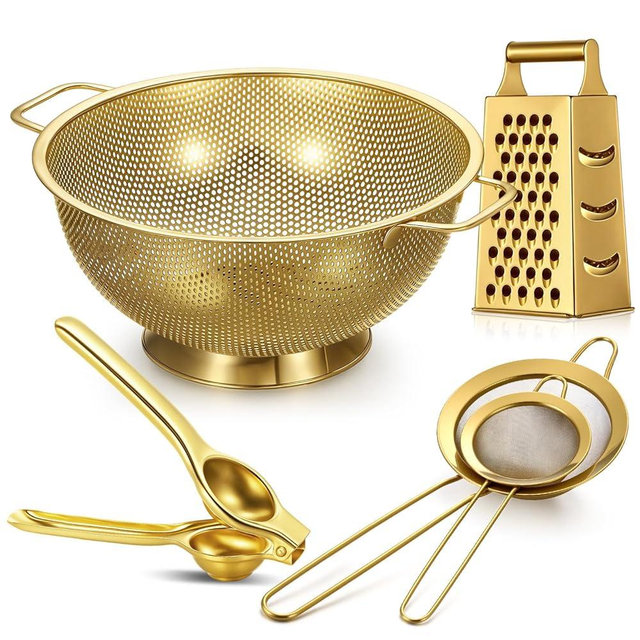 Sawysine 5 Pcs Gold Kitchen Appliances Includes 5 Quart Gold Colander and 2 Pcs Strainer Set, Lemon Squeezer, Stainless Steel 4 Sides Grater Slicer with Handle for Kitchen