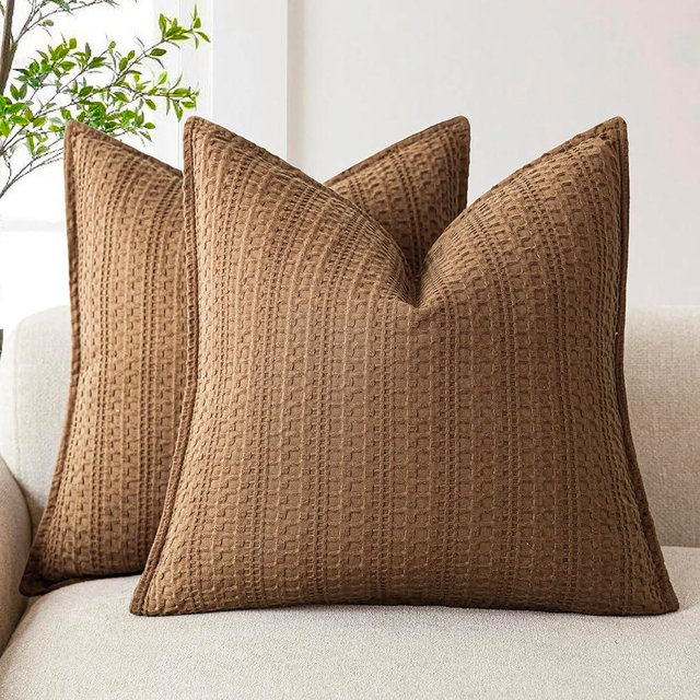 Foindtower Set of 2 Decorative Cotton Waffle Weave Throw Pillow Covers Euro Shams Cushion Covers Accent European Pillowcase for Bed Couch Sofa Bedroom Living Room Home Decor 26×26 Inch Orange Brown