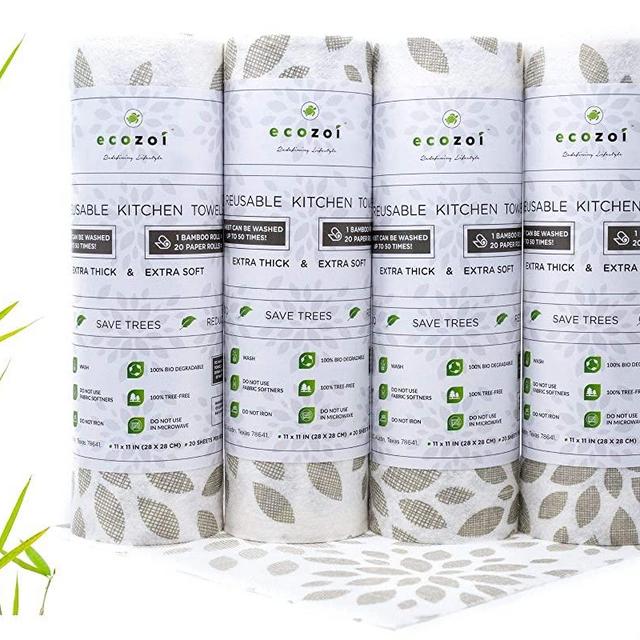 Ecozoi Extra Thick Eco-Friendly Zero Waste BambooKitchen Paper Towels, Heavy Duty Reusable, Washable, Biodegradable Unpaper Towels - 4 Pack