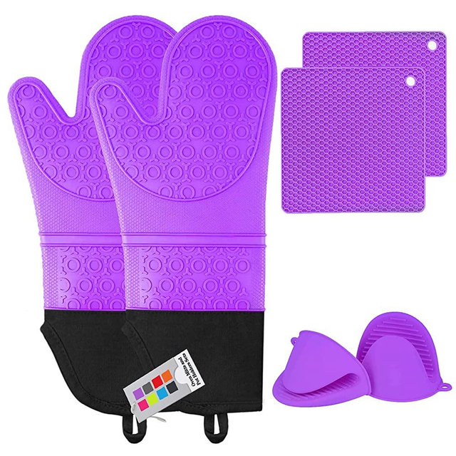 MTZRFLL Silicone Oven Mitts Set, Extra Long Non-Slip Heat Resistant Oven Gloves Come with 2 Cooking Pinch Mitts & 2 Pot Holders, Prefect for Grilling, Cooking, Baking (Purple)