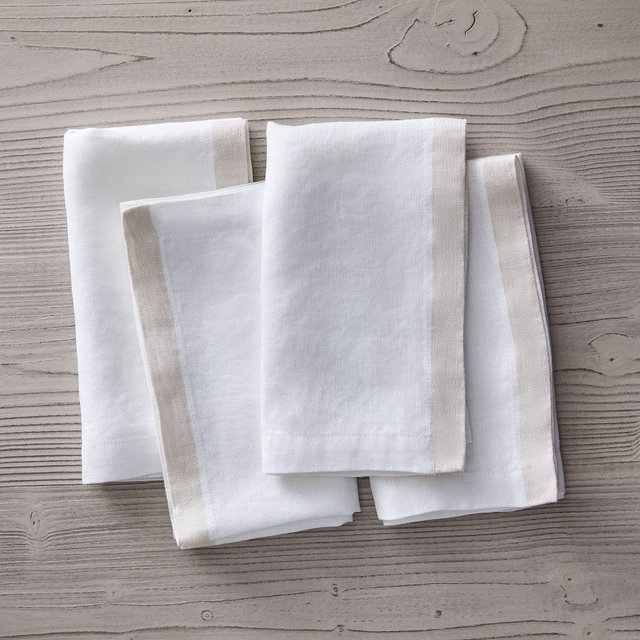 Contrast Border Linen Napkins, White, Set of 4, 18"x18"