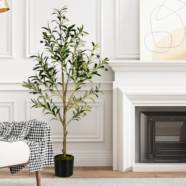 JNT Artificial Olive Tree, 4ft Tall Fake Olive Trees for Indoor, Faux Olive Silk Tree with Realistic Leaves and Fruits, Fake Plants for Modern Home Office Living Room Floor Decor