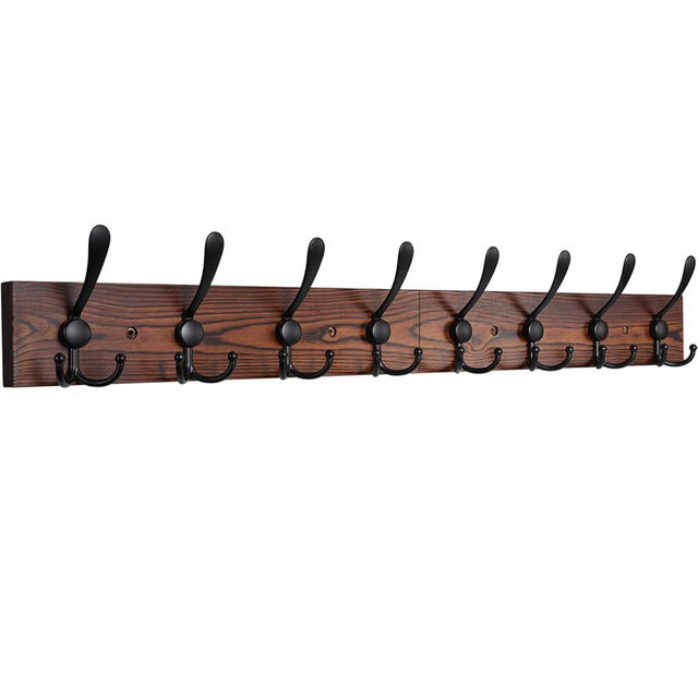 IBosins Wall Mounted Coat Rack, 31-2/5'' Long, Entryway Hanging Rack, Metal Wood Coat Hooks Rack with 8 Black Rustic Tri-Hooks Rail for Coat, Bag, Towel, Key, Hat, Umbrella