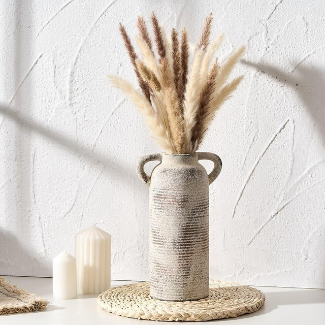 PORCER Ceramic Rustic Vase for Home Decor, Terracotta Vase with Handles, Handcrafted Vintage Decorative Flower Vase for Farmhouse, Living Room, Table, Fireplace, Nightstand