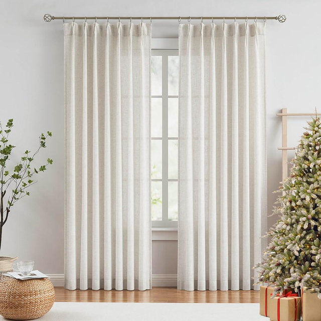 Vision Home Natural Pinch Pleated Semi Sheer Curtains Textured Linen Blended Light Filtering Window Curtains 102 inch for Living Room Bedroom Pinch Pleat Drapes with Hooks 2 Panels 42" Wx102 L