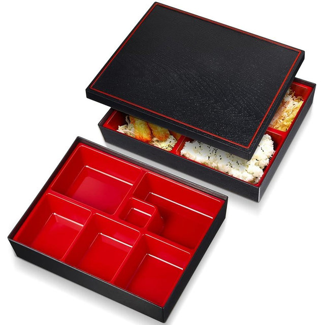 Teenyyou 2 Pcs Japanese Lunch Box Divided Bento Box with Greaseproof Adult Japanese Bento Lunch Container Sushi Home Restaurant(6 Compartments,10.6 x 8.3 x 2.2 Inch)