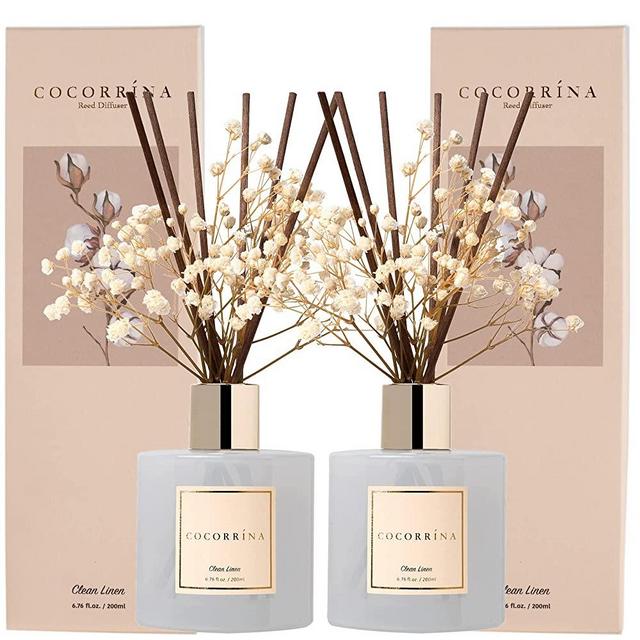 Cocorrína Reed Diffuser Set, 6.7 oz Clean Linen 2 Packs Scented Diffuser with Sticks Home Fragrance Essential Oil Reed Diffuser for Bathroom Shelf Decor, Living Room, Large Room