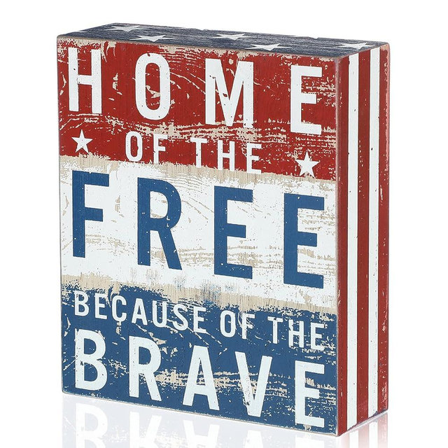 Jetec Patriotic Decor July 4th Box Sign Independence Day Patriotic Labor Day 5 x 6 Inch Wood American Flag Decor Farmhouse Wooden Block(Home of the Free Because of the Brave)