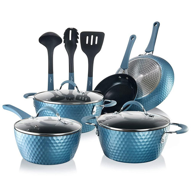 NutriChef Nonstick Cookware Excilon | Home Kitchen Ware Pots & Pan Set with Saucepan, Frying Pans, Cooking Pots, Lids, Utensil PTFE/PFOA/PFOS free, 11 Pcs, Royal Blue