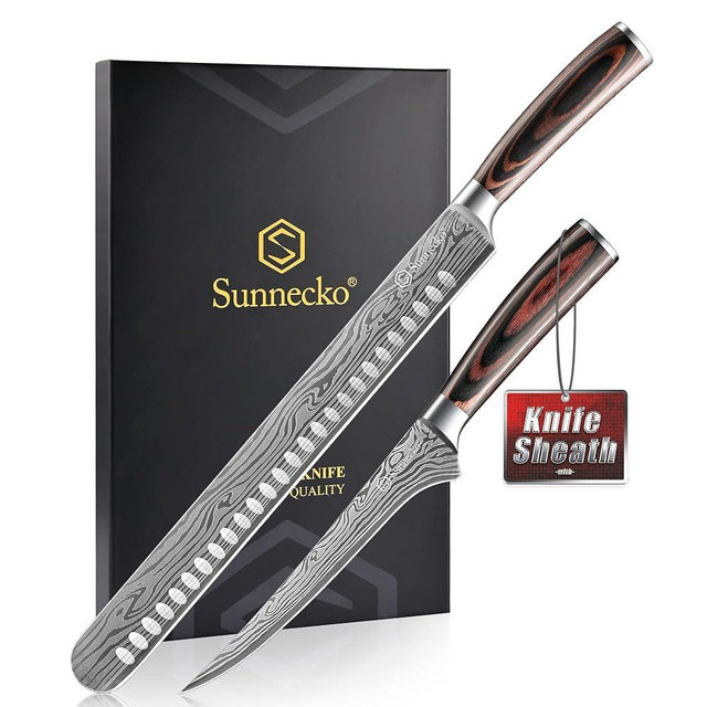Sunnecko Professional BBQ Carving Knife Set, Slicing and Boning Knife for Meat Cutting,German High Carbon Stainless Steel Carving Knife for Meat and Turkey.