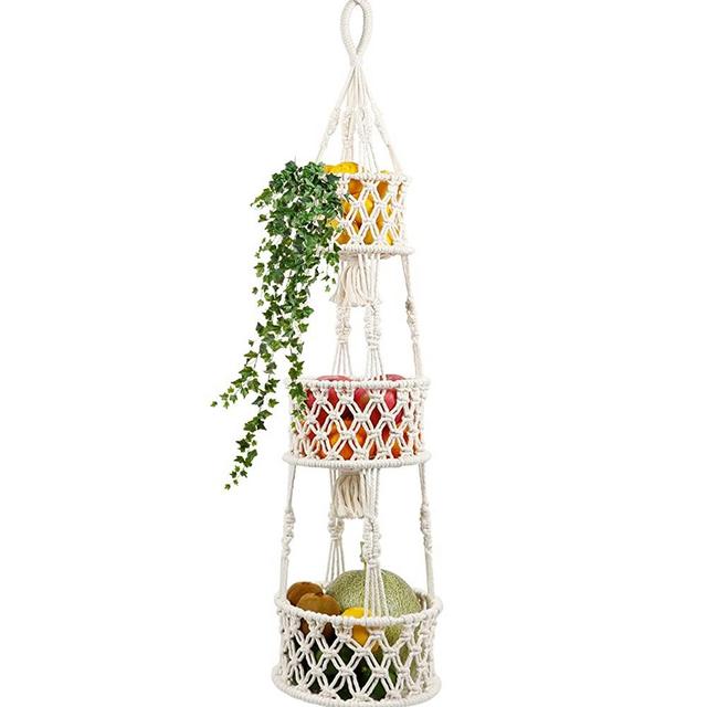 AerWo 3 Tier Hanging Fruit Basket for Kitchen, Macrame Fruit Hammock Hanging Basket with S Hook for Fruit and Vegetable Storage, Handmade Fruit Holder boho wall basket kitchen decor 46 Inches
