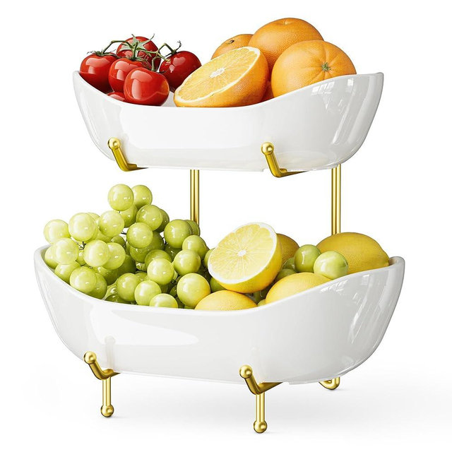 Josmimic 2 Tier Ceramic Fruit Bowl with Metal Stand – Tiered Fruit Stand for Kitchen Countertop, Serving Tray for Snacks, Nuts, Cakes, Desserts, Bread, Candy Storage, Gold